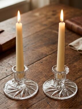 Vintage pinwheel crystal candle holders 
distinct starburst pattern on the base